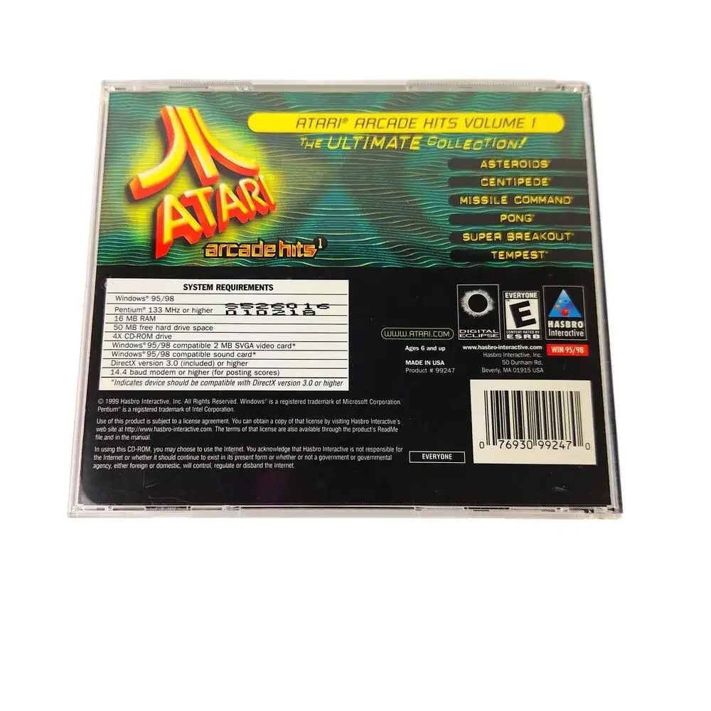 Atari Arcade Hits Volume 1 PC Game Windows 95 98 Asteroids Centipede Pong Retro